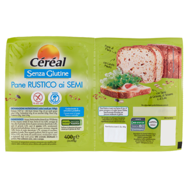Céréal Senza Glutine Pane Rustico ai semi, Pan Bauletto senza Olio di Palma - 2 per 200g