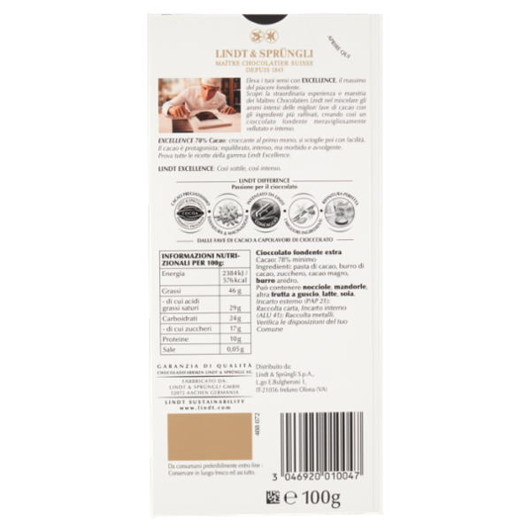 Lindt Excellence Tavoletta Cioccolato Fondente 78% 100 g