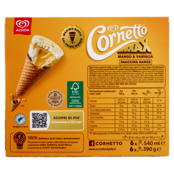 Cornetto Algida Max Mango & Vaniglia 6 Gelati 390 g