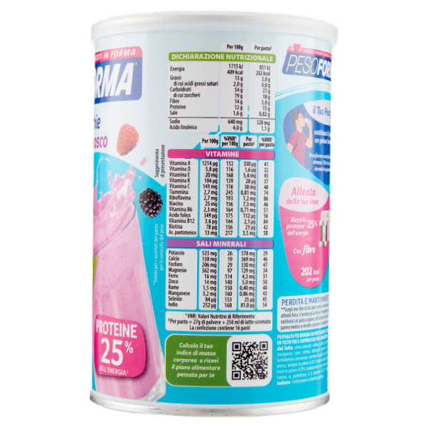Pesoforma Smoothie Sostituto del pasto gusto Frutti di bosco - Confezione da 16 pasti, 436 g