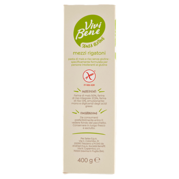 Vivi Bene Senza Glutine Pasta di Mais e Riso Mezzi Rigatoni Senza Glutine 400 g