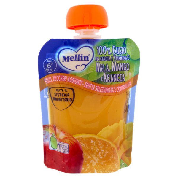 MELLIN Merenda di Frutta 100% con Carota, Arancia e Mango, a partire dal 6° mese, Pouch 90 g