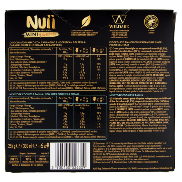 NUII Mini Adventure Ciocc.Bianco-Caramello-Noci Pecan del Texas,New York Cookies-Panna 6 Gelati 255g