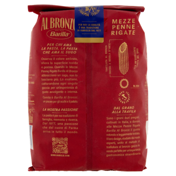 Barilla Al Bronzo Pasta Mezze Penne Rigate 500g