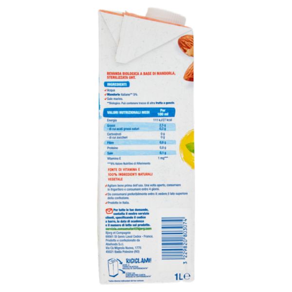BJORG Mandorla Intensa 0% Zuccheri Bevanda Vegetale Bio, Senza Glutine, Prodotto in Italia, 1L