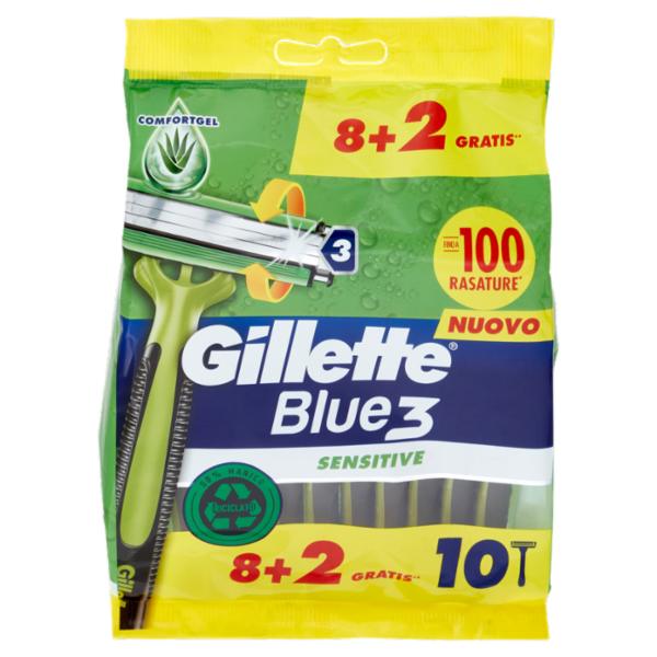 Gillette Rasoio Uomo Blue3 Sensitive Usa e Getta a 3 Lame, Confezione da 8 rasoi+2 Gratis = 10 Rasoi