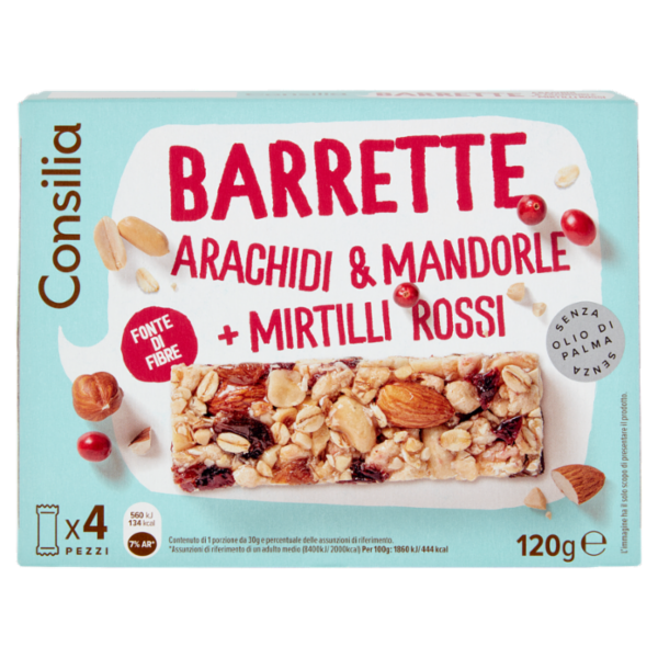 Consilia Barrette di Cereali con Arachidi, Mandorle e Mirtilli Rossi 4x30 g
