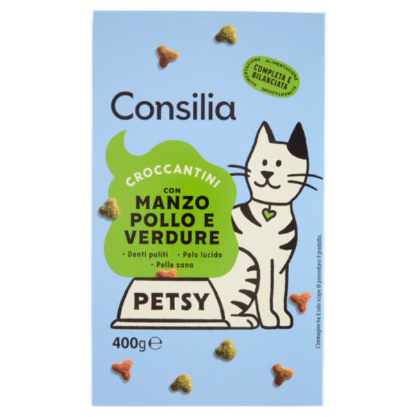 Consilia Petsy Gatto Croccantini con Manzo, Pollo e Verdure 400 g