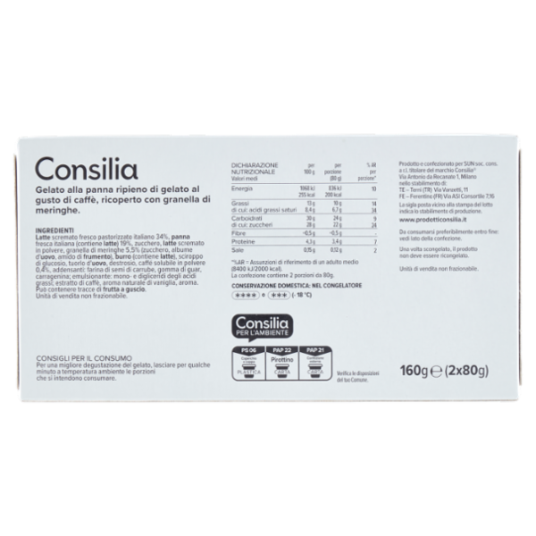Consilia 2 Tartufi Bianchi di Gelato Panna Ripieno di Caffé 100% Arabica 160 g