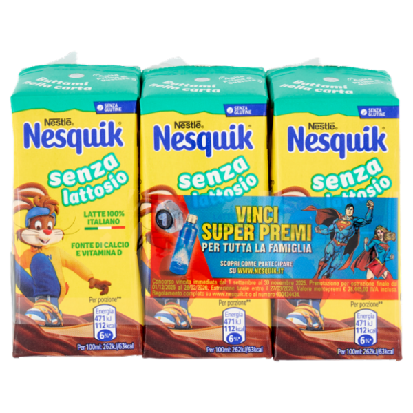 NESQUIK Pronto da Bere Senza Lattosio Latte e Cacao 3 Brick da 180ml