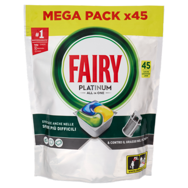Fairy Pastiglie Lavastoviglie Platinum All in One, Detersivo Piatti Limone, 45 Capsule 671 g