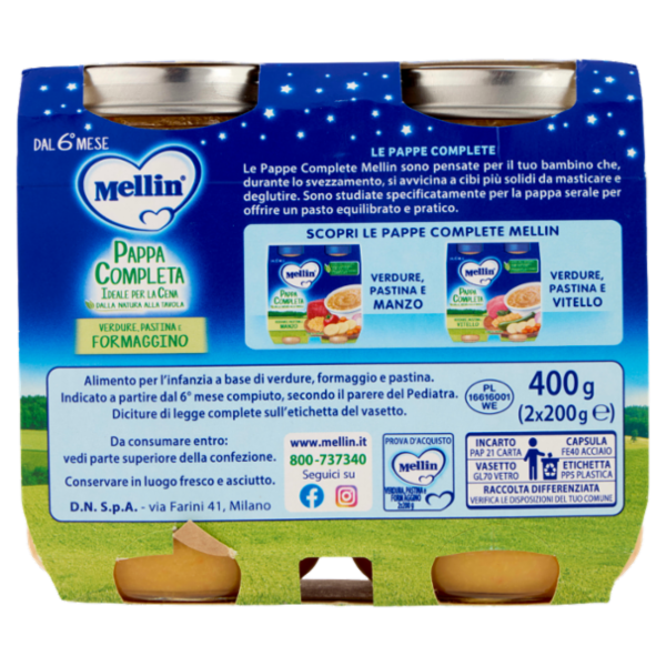 MELLIN Pappa Completa ideale per la Cena, Pastina Verdure Formaggino, dal 6° mese, 2x200g