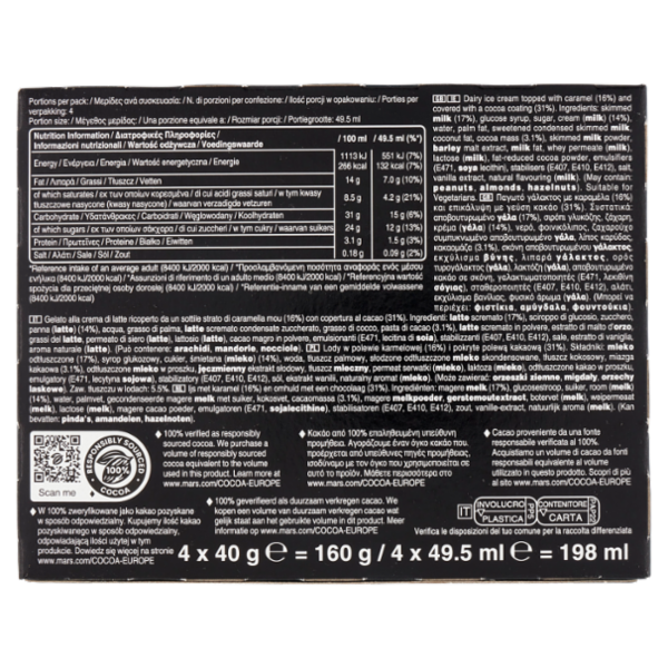 Mars Barretta Gelato al cioccolato e caramello, Multipack da 4 x 40 g