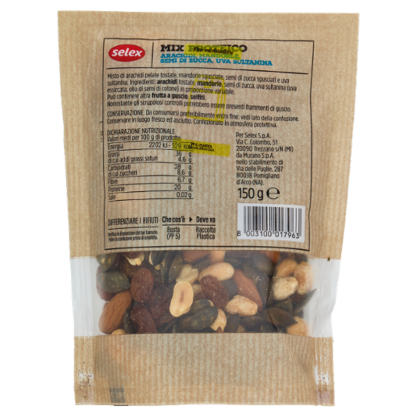 Selex Frutta Secca Mix Proteico Arachidi, Mandorle, Semi di Zucca e Uva Sultanina 150 g