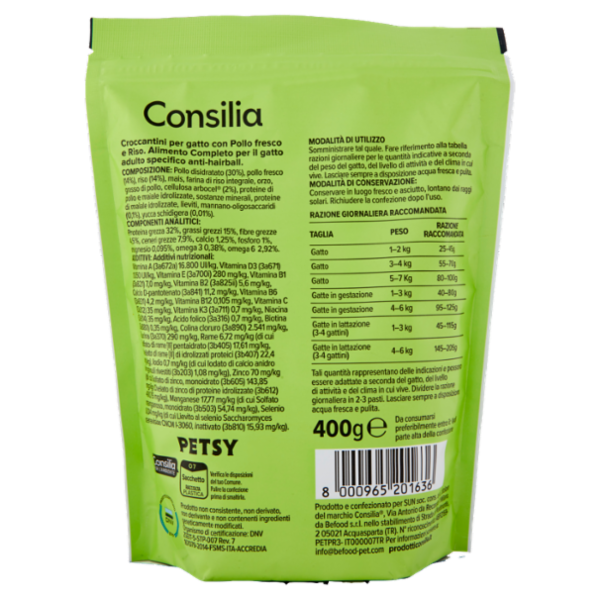 Consilia Petsy Gatto Anti-Hairball Croccantini con Pollo Fresco e Riso 400 g