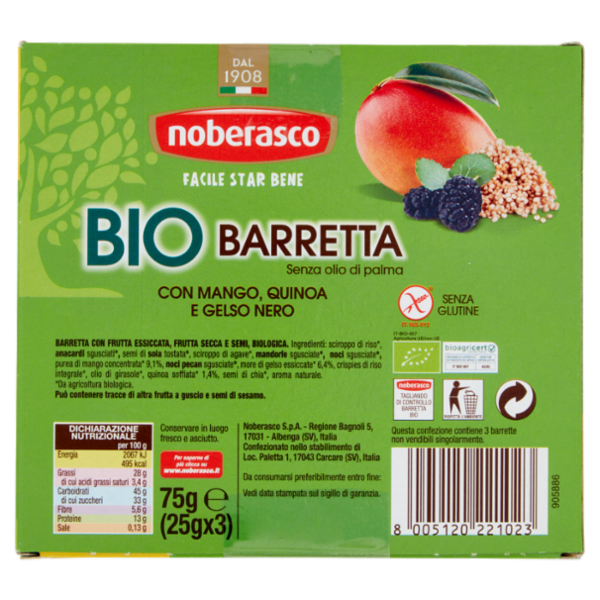 noberasco Bio Barretta con Mango, Quinoa e Gelso Nero 3 x 25 g