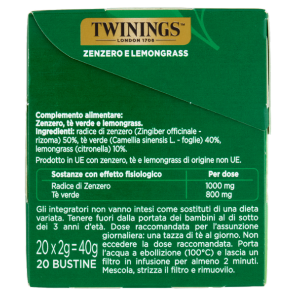 Twinings Zenzero e Lemongrass Tè Verde aromatizzato Antiossidante e Digestivo 20 filtri The 40 g