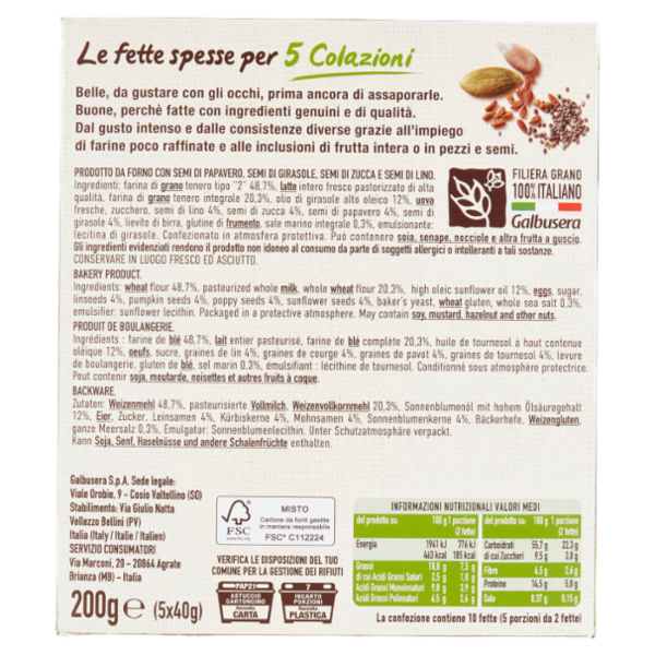 Galbusera BelleBuone 5 Colazioni Semi di papavero semi di girasole, zucca e lino 5 x 40 g