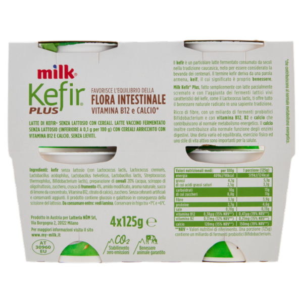 Milk Kefir Plus Flora Intestinale Bianco Cereali 4 x1 25 g