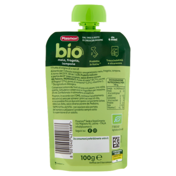 Plasmon semplicemente bio mela, fragola, lampone 100 g