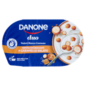 DANONE Duo, Yogurt Bianco Cremoso Con Prelibate Sfere Al Caramello Salato, 98g