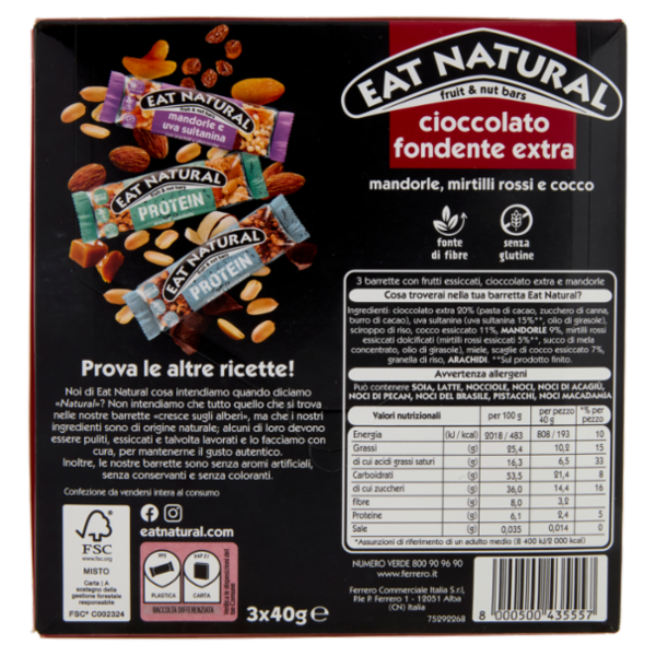 Eat Natural cioccolato fondente extra mandorle, mirtilli rossi e cocco 3 x 40 g