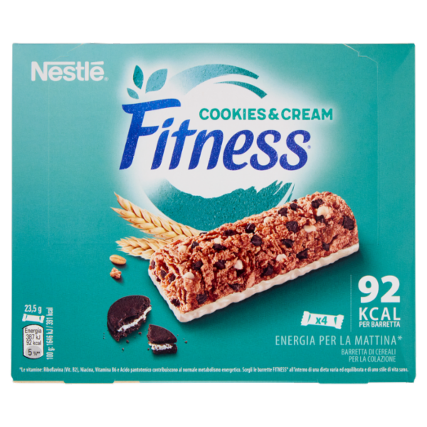 FITNESS Cookies&Cream Barrette Cereali Integrali con Biscotti e Cioccolato Bianco 4 pezzi da 23,5g