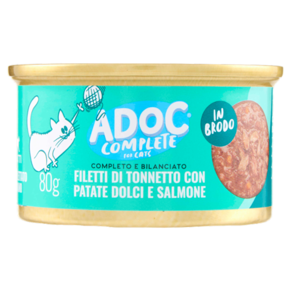 ADoC Complete For Cats Filetti di Tonnetto con Patate Dolci e Salmone in Brodo 80 g