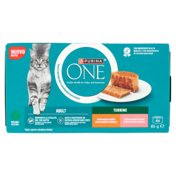 PURINA ONE Adult Terrine Pollo e Carote, Salmone e Carote 4 x 85g