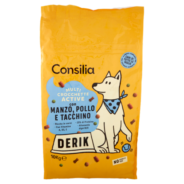 Consilia Derik Cane Multi Crocchette Active con Manzo, Pollo e Tacchino 10 kg