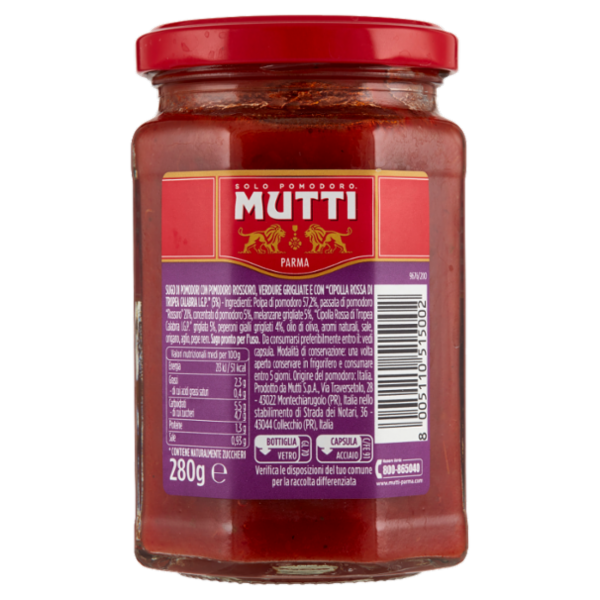 Mutti Sugo con Pomodoro Rossoro, Verdure Grigliate e con Cipolla Rossa di Tropea Calabria IGP 280 g