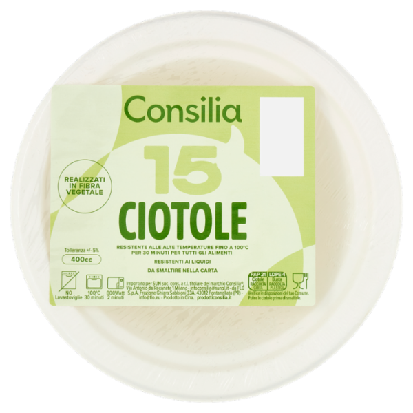 Consilia Ciotole in Fibra Vegetale Biodegradabili Compostabili 400 cc 15 pezzi