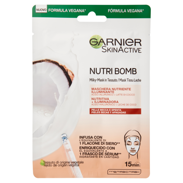 Garnier Maschera in Tessuto Nutriente Illuminante NutriBomb, Pelli Secche e Spente, Latte di Cocco