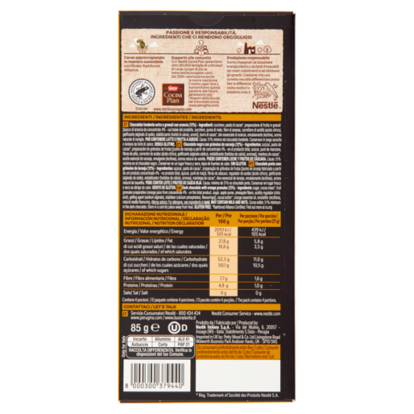 PERUGINA NERO Fondente Extra Arancia Tavoletta Cioccolato Fondente 85g