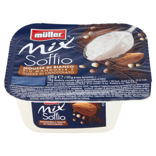 müller Mix Soffio Mousse di Bianco più Mandorle e Gocce di Cioccolato 120 g