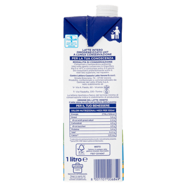 Latte Verona 100% Latte della Lessinia Intero a Lunga Conservazione 1 litro