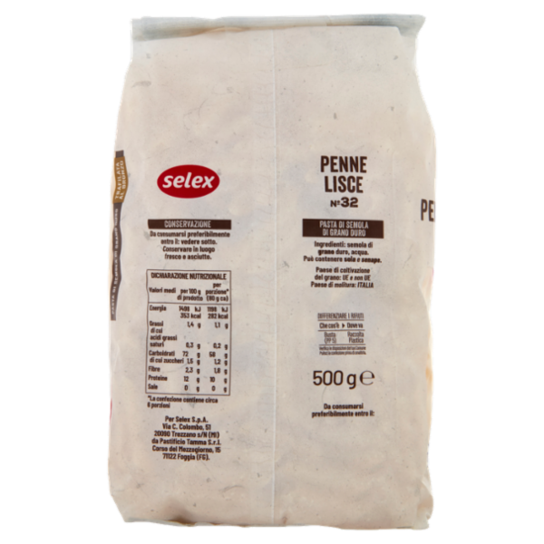 Selex Pasta di Semola Trafilata al Bronzo Penne Lisce 500 g