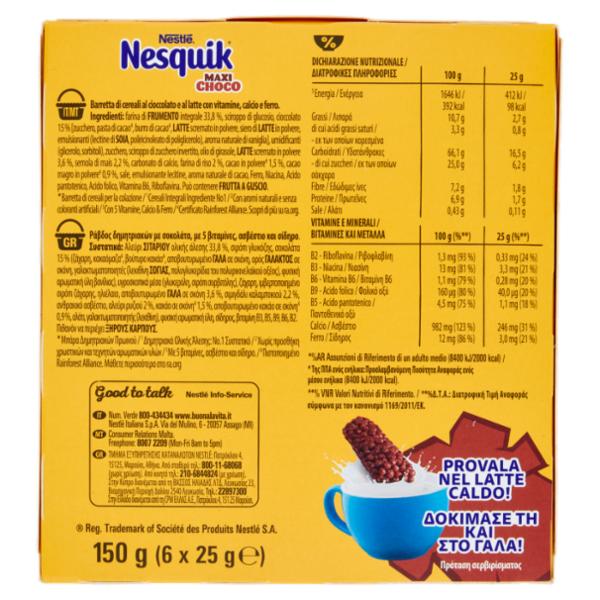 NESQUIK Maxi Choco Barrette Cereali Integrali con Cioccolato al Latte 6 pezzi da 25 g