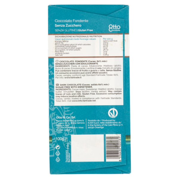 Otto Chocolates Cioccolato Fondente Senza Zucchero 60% 100 g