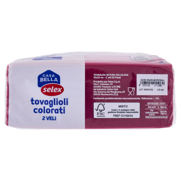 Selex Casa Bella Tovaglioli 2 Veli 33x33 cm Bordeaux 50 pezzi