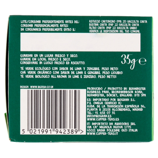 CUPPER Tè Verde Lime e Zenzero Biologico e Fairtrade, Tè Energizzante, 20 Bustine 35 g