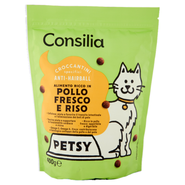 Consilia Petsy Gatto Anti-Hairball Croccantini con Pollo Fresco e Riso 400 g
