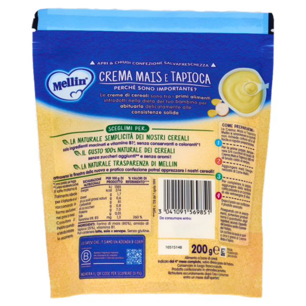 MELLIN Crema Mais&Tapioca,Confezione Apri&Chiudi, dall'inizio dello Svezzamento, Senza Glutine,200g