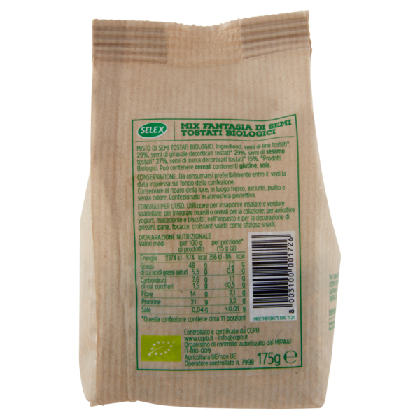 Selex Mix Fantasia di Semi Tostati di Lino, Girasole, Zucca e Sesamo Biologici 175 g