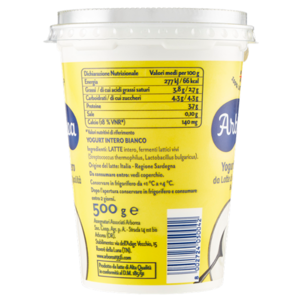 Arborea Yogurt Intero da Latte di Alta Qualità Bianco 500 g