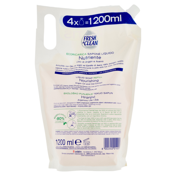 Fresh & Clean Crema Sapone Mani e Viso Nutriente Idratante Olio di Argan e Avena ecoRicarica 1200 ml