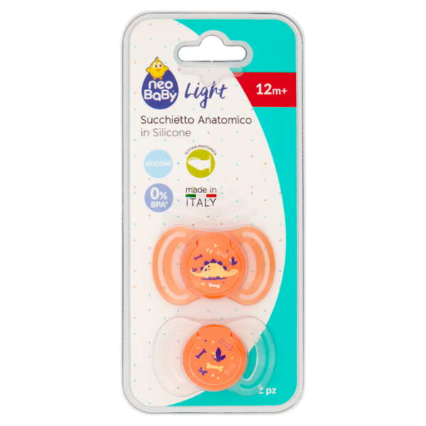 neo Baby Light Succhietto Anatomico in Silicone 12m+ Dino Arancio 2 pz
