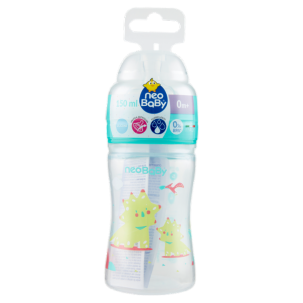 neo Baby Biberon Plastica Collo Largo 150 ml 0m+ Dino Verde