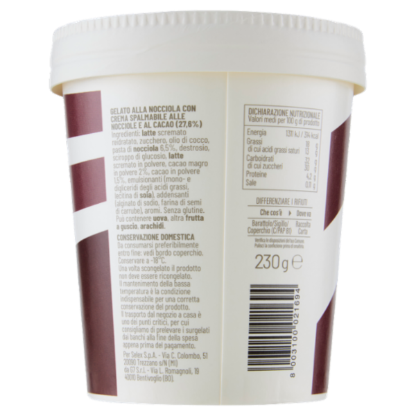 Selex Gelato alla Nocciola con Crema Spalmabile alla Nocciola e Cacao 230 g