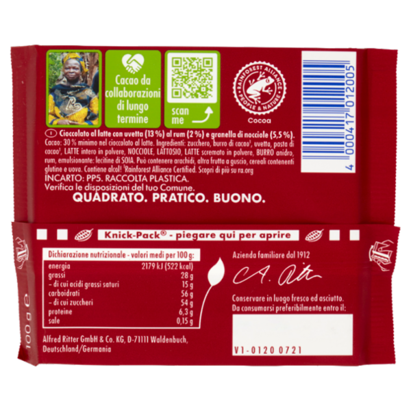 Ritter Sport Rum Uvetta e Nocciole 100 g